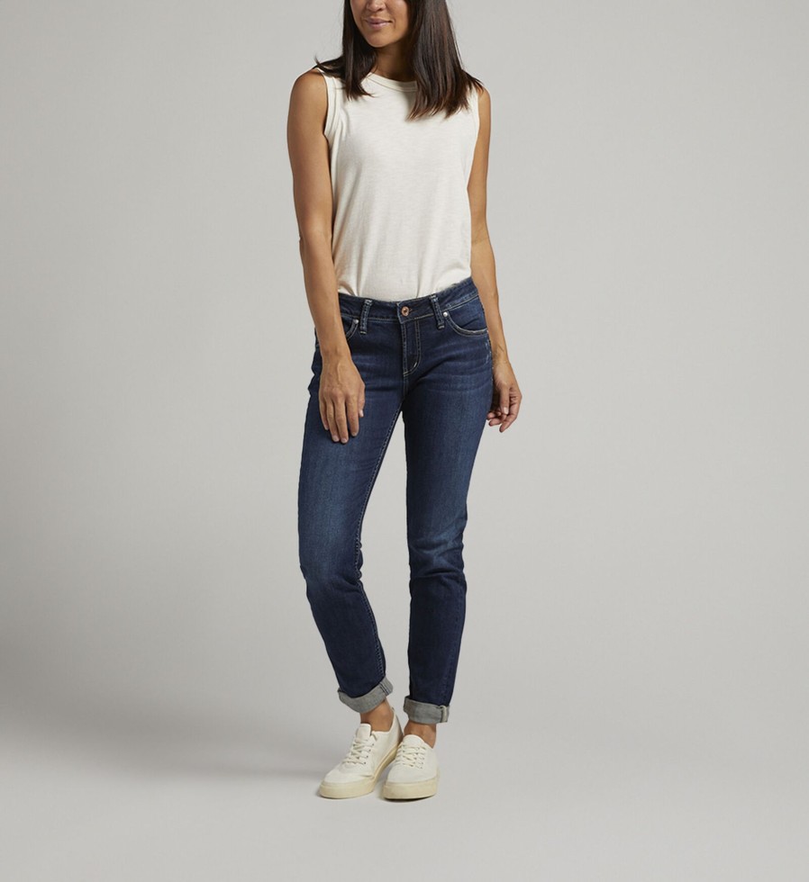 Women Silver Jeans | Boyfriend Mid Rise Slim Leg Jeans