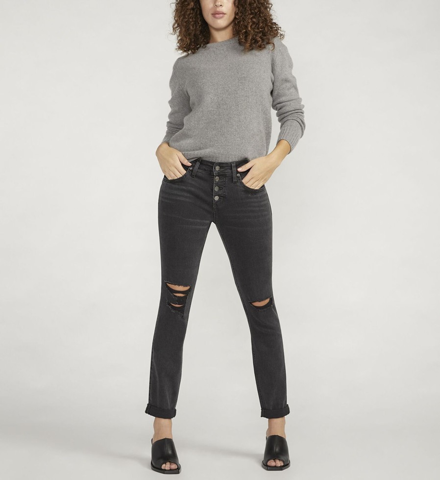 Women Silver Jeans | Boyfriend Mid Rise Slim Leg Jeans