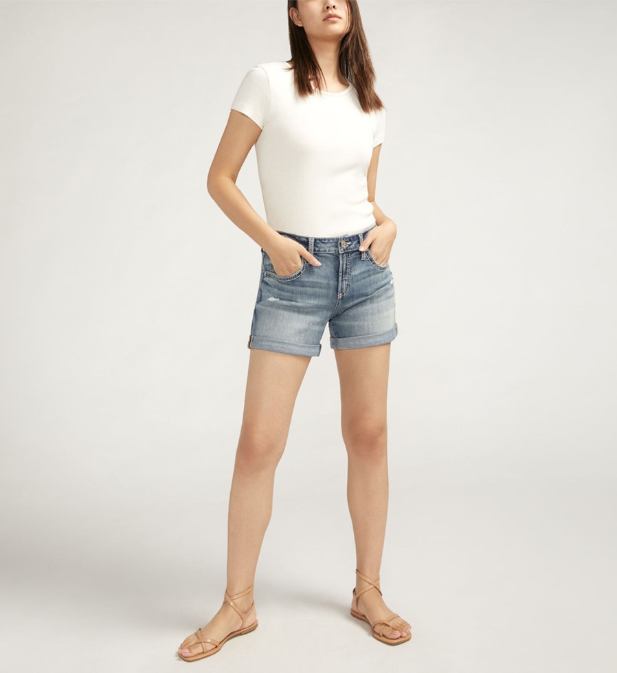 Women Silver Jeans | Boyfriend Mid Rise Luxe Stretch Shorts