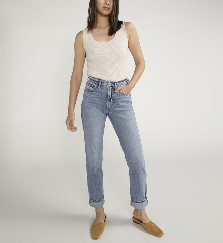 Women Silver Jeans | 90S Boyfriend High Rise Straight Leg Jeans