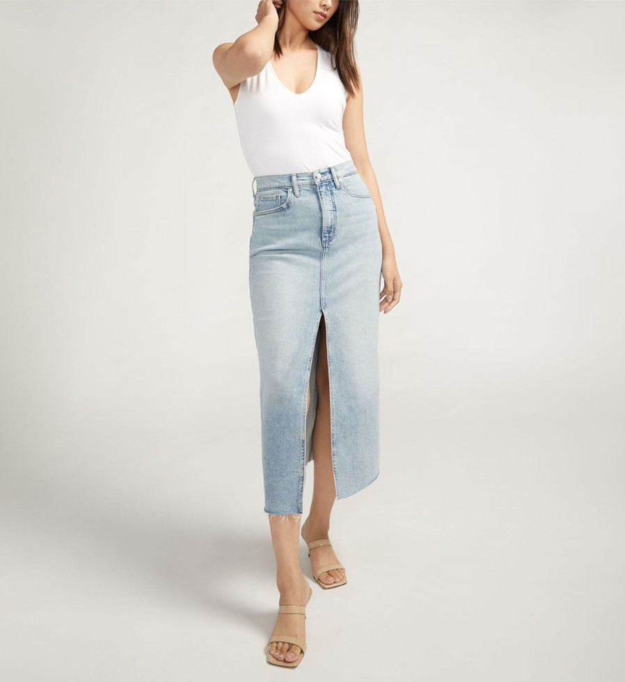 Women Silver Jeans | Front-Slit Midi Jean Skirt