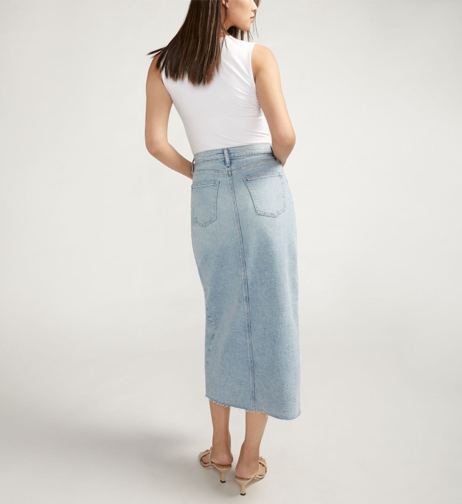 Women Silver Jeans | Front-Slit Midi Jean Skirt