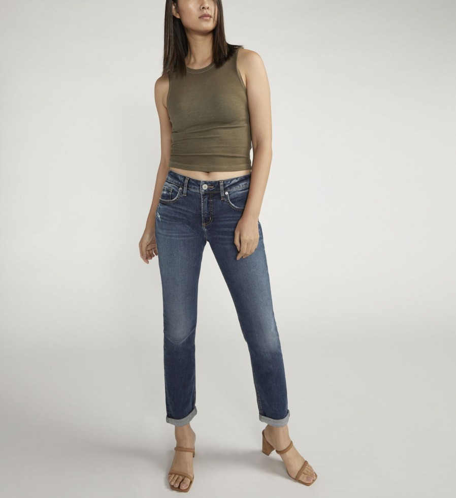 Women Silver Jeans | Boyfriend Mid Rise Slim Leg Jeans