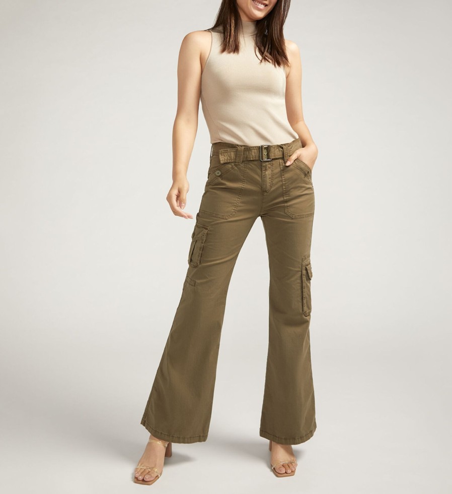 Women Silver Jeans | Flare Belted Y2K Cargo Pant